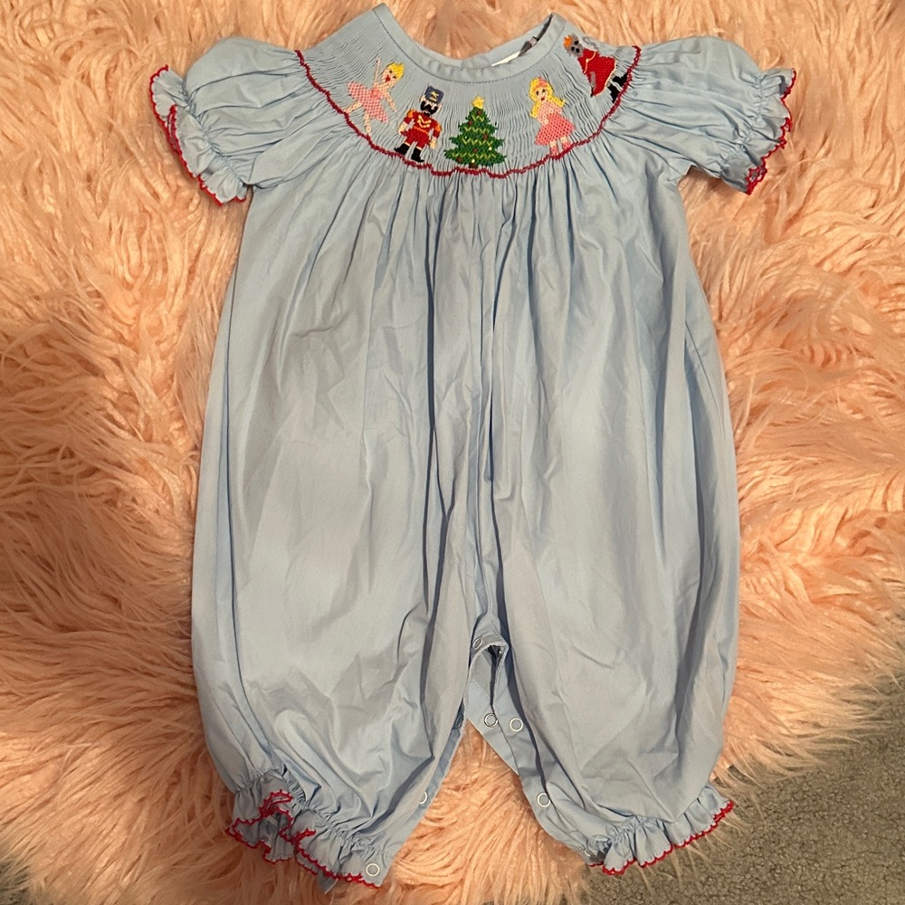 Light Blue Nutcracker Baby Romper with Christmas Embroidery